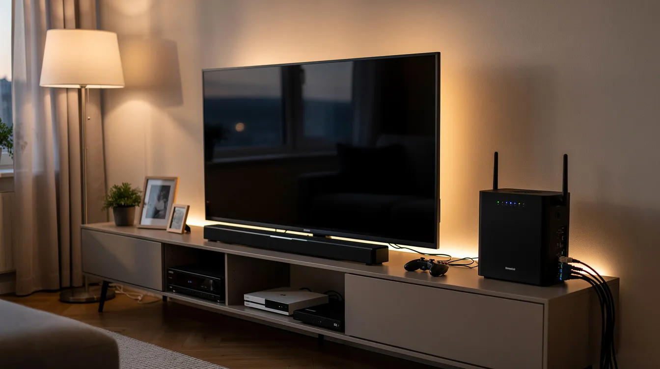 A modern internet router is positioned next to a sleek television in a home entertainment setup, showcasing a perfect blend of technology for accessing live channels and on-demand content through services like Voco TV IPTV. This arrangement highlights the convenience of streaming HD movies, TV series, and premium sports, all while ensuring a reliable internet connection for multiple devices.