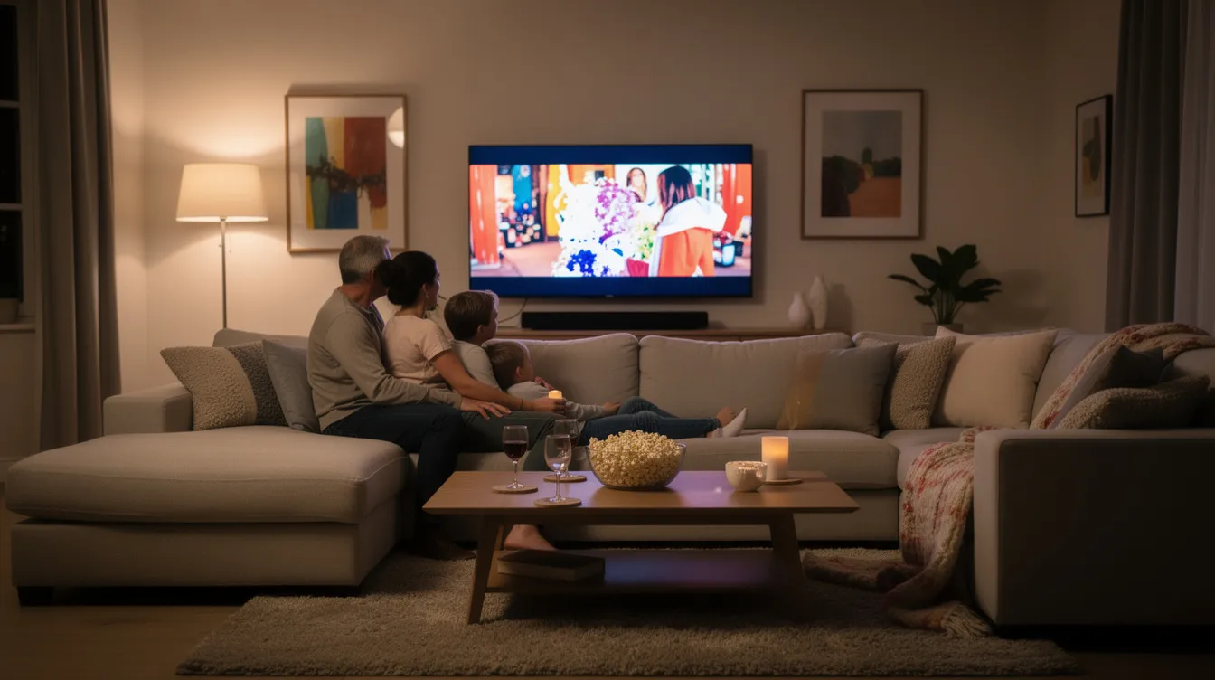 A family is comfortably gathered in their living room, enjoying a movie on a large smart TV, showcasing the latest films available through their IPTV service. The atmosphere is cozy, highlighting their shared entertainment experience with HD streaming and access to their favorite channels.