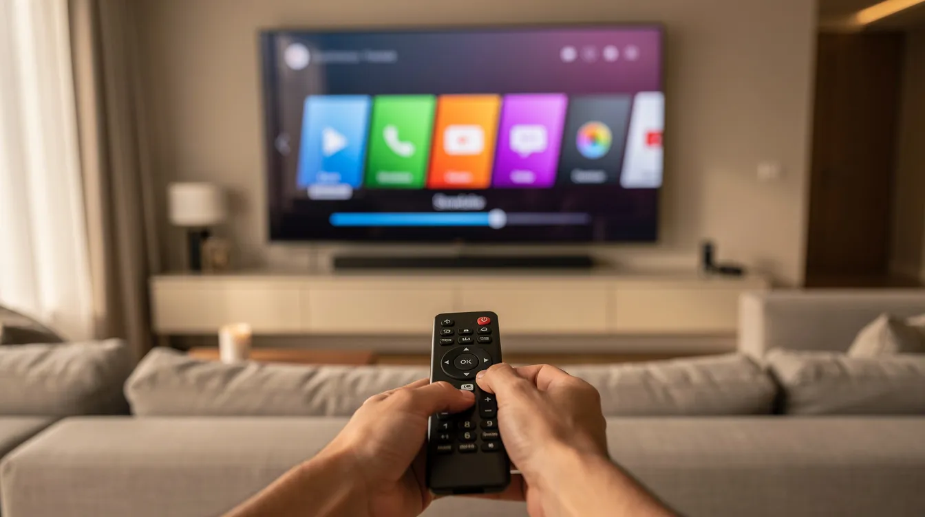 A pair of hands is holding a remote control, navigating through an app setup on a smart TV screen, which displays options for live channels and on-demand content, including movies and sports. This scene illustrates the convenience of using IPTV services like Voco TV for accessing favorite channels and premium sports with an internet connection.