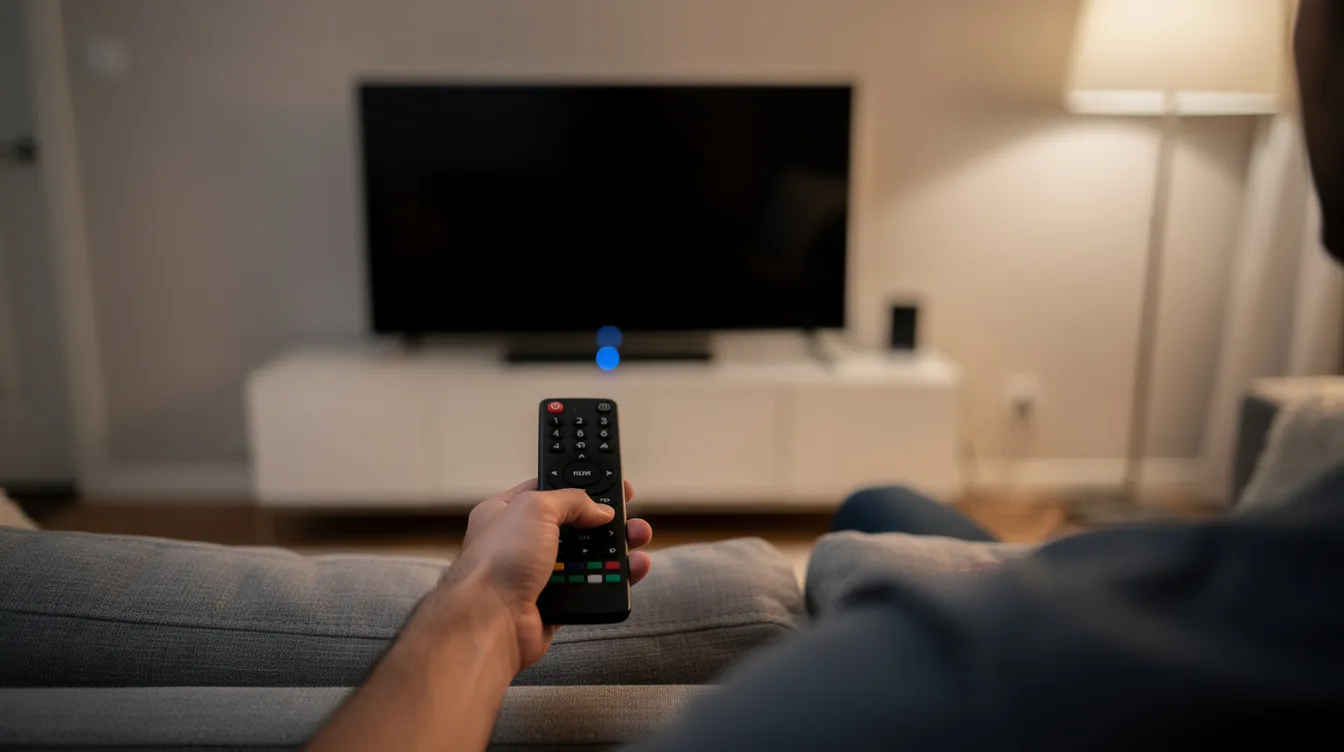 A person is sitting comfortably while holding a remote control in front of a television and a streaming device, ready to enjoy their favorite channels and on-demand content. This setup highlights the convenience of using a smart TV with IPTV services like Voco TV for HD streaming of live sports, movies, and TV series.